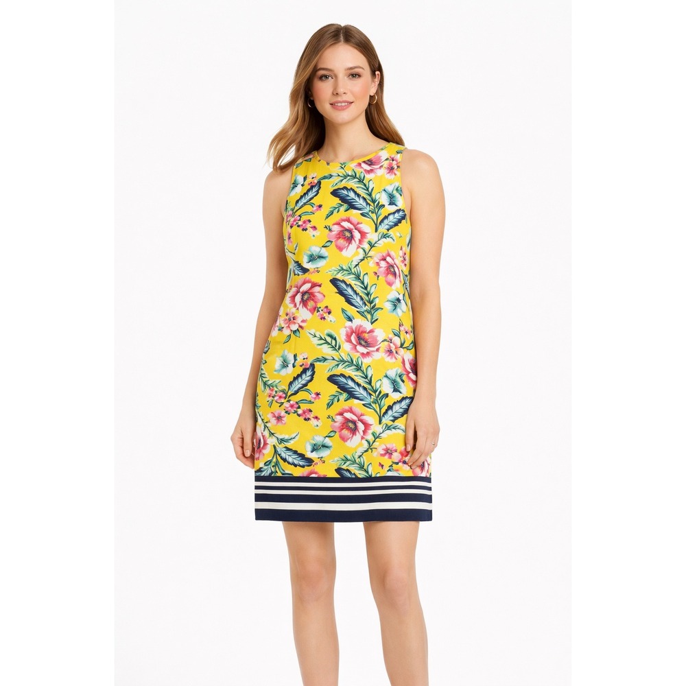 New Eliza J Women's Yellow Navy Blue Floral Sleeveless Sheath Dress Size 2